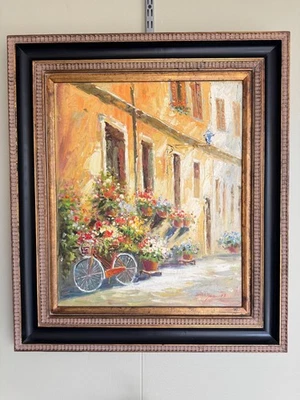 "Pintura al óleo original sobre lienzo escena callejera con bicicleta y flores - 27x31""" Foto 1 de 4