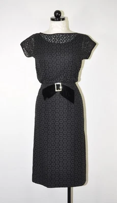 50s Vintage Black Cotton Lace Eyelet Velvet Rhinestone Wiggle Cocktail Dress S - Image 1 of 4