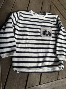 ZARA Kids Black & White Crew Neck Striped Panda Sweater Size 18-24M - Picture 1 of 3