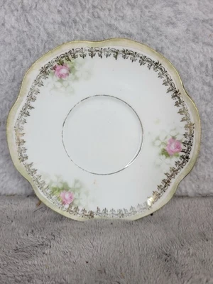"Plato platillo RS Prussia Demitasse rosas rosadas y borde dorado borde verde festoneado 4""" Foto 1 de 3