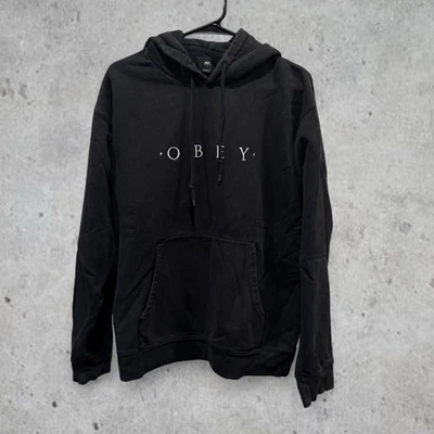 OBEY 连帽衫女式大号黑色超大刺绣套衫毛衣运动衫 — 第 1/3 张图片