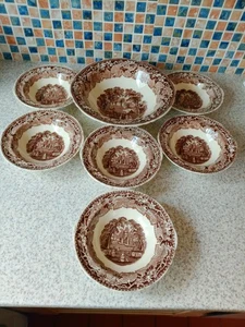 MASON`S IRONSTONE CHINA VISTA DESIGN BROWN SERVING BOWL & 6 X SMALL BOWLS - Picture 1 of 6