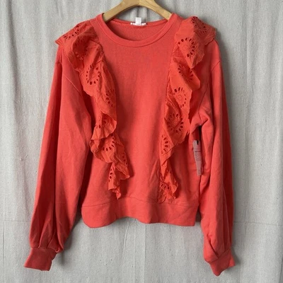Melrose & Market Boho Vibrant Feminine Eyelet Ruffle Sweatshirt Size S Comfy NWT - Image 1 of 4