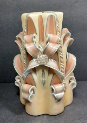 De colección Cinta Tallada a Mano Cera Pilar Artesanal Vela Azul Crema Rosa Años 70 Boho Retro Foto 1 de 4