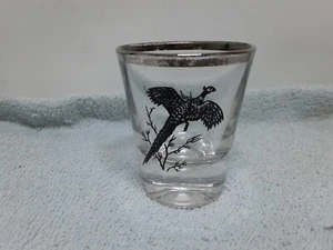 Vintage 1950's Ring Necked Pheasant~Black on Clear Silver Rimmed Shot Glass - Picture 1 of 3