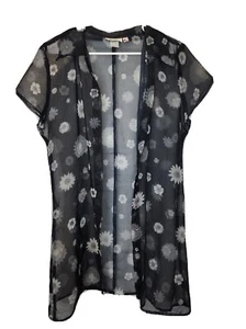 Vintage Jody T of California Long Black Cardigan Flowers 1990s Made USA Sheer  - Picture 1 of 9