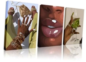Wall Art Framed Set of 3 - African Woman Canvas Wall Decor 12×16×3 Black Girl - Picture 1 of 8