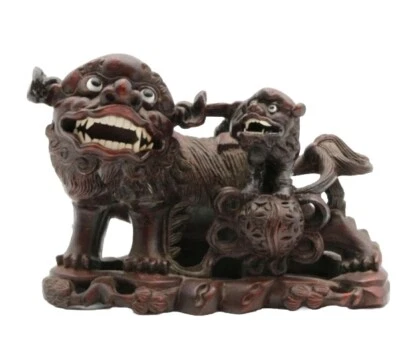 VTG  CHINESE FOO DOGS ROSEWOOD LION HAND CARVED Sculpture Realistically AS-IS - Image 1 of 4