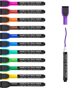 Magnetic Whiteboard Markers - 12 Count Colorful Fine Tip Dry Erase Markers with - Picture 1 of 12