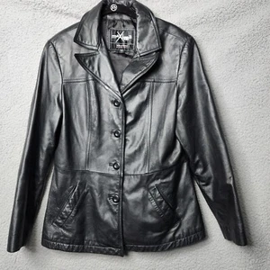 WILSON'S MAXIMA Large Black Leather Button-Down Collared Lined Jacket Coat - Bild 1 von 9