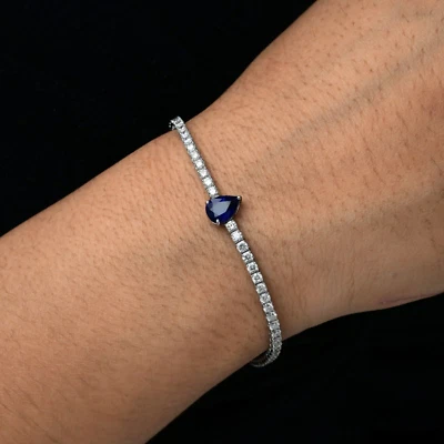 4,43 Tcw Echter Blauer Saphir SI/H Diamant Tennisarmband Kette 14k Weißgold - Bild 1 von 4