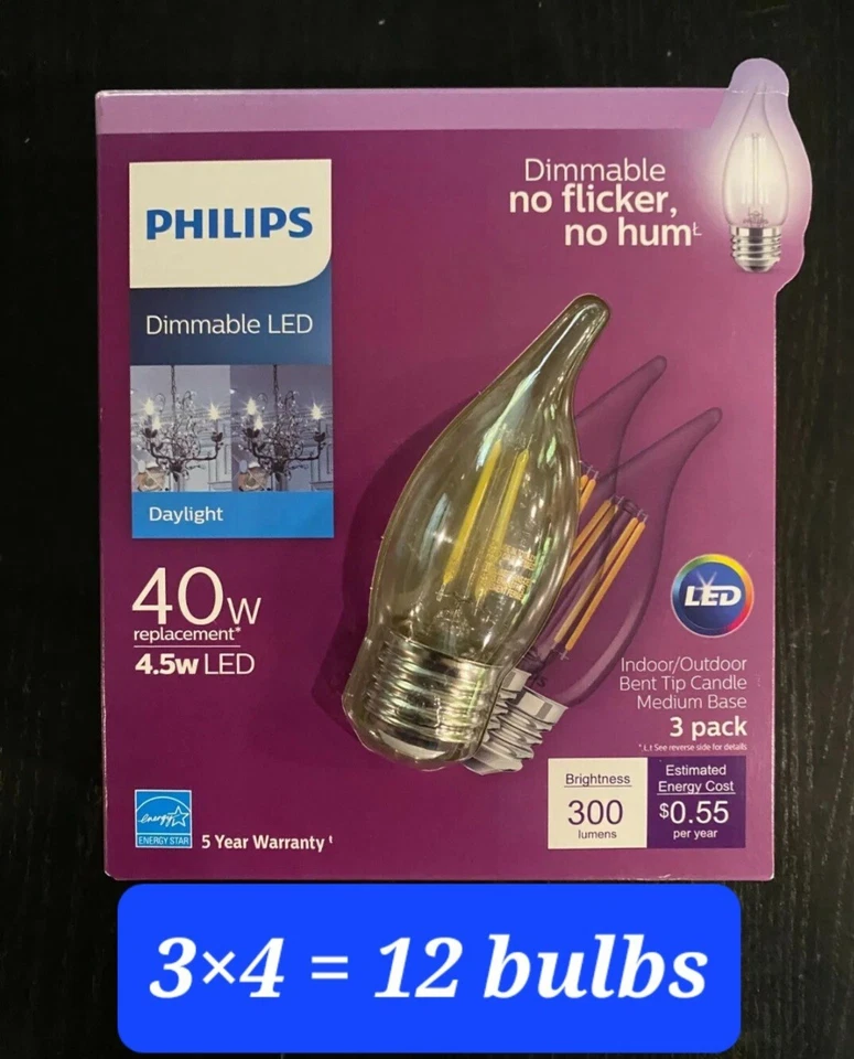 Philips Daylight 40W/4.5W Dimmable LED Bent Tip Candle  Candelabra Base 4×3=12 - Image 1 of 1