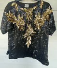 elegance by anujan S Seide schwarz gold Blumenmuster Pailletten kurzärmelige Bluse Vintage