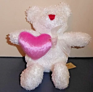 Oso de peluche blanco Dan Dee con corazón rosa y cinta brillante - Imagen 1 de 5