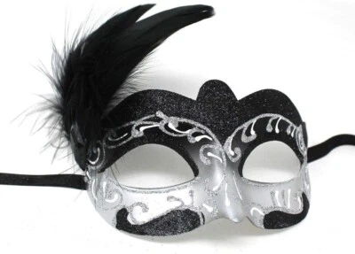 THE GOOD LIFE SPARKLING SILVER & BLACK VENETIAN CARNIVAL MASQUERADE PARTY BALL FEATHER MASK