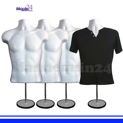 4 WHITE MANNEQUIN MALE TORSOS w/4 STANDS + 4 HANGERS  4 MEN's DRESS FORMS - Image 1 of 4