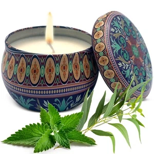 Vela de cera de soja perfumada con eucalipto menta en caja de lata decorativa - Hecha a mano - Imagen 1 de 11