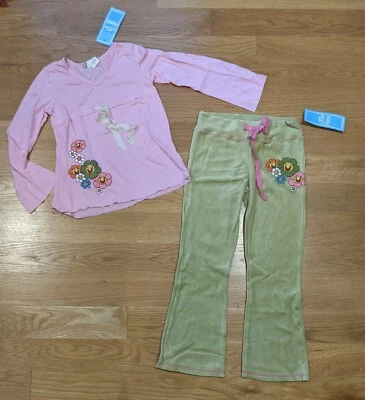 Calça de veludo verde margarida flor nova com etiquetas Little Mass tamanho 6 6X SMILE rosa top - Imagem 1 de 3