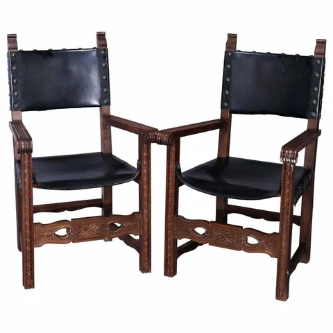 Antique Pair of Continental Jacobean Carved  Walnut & Leather Chairs, Circa 1900 Cover