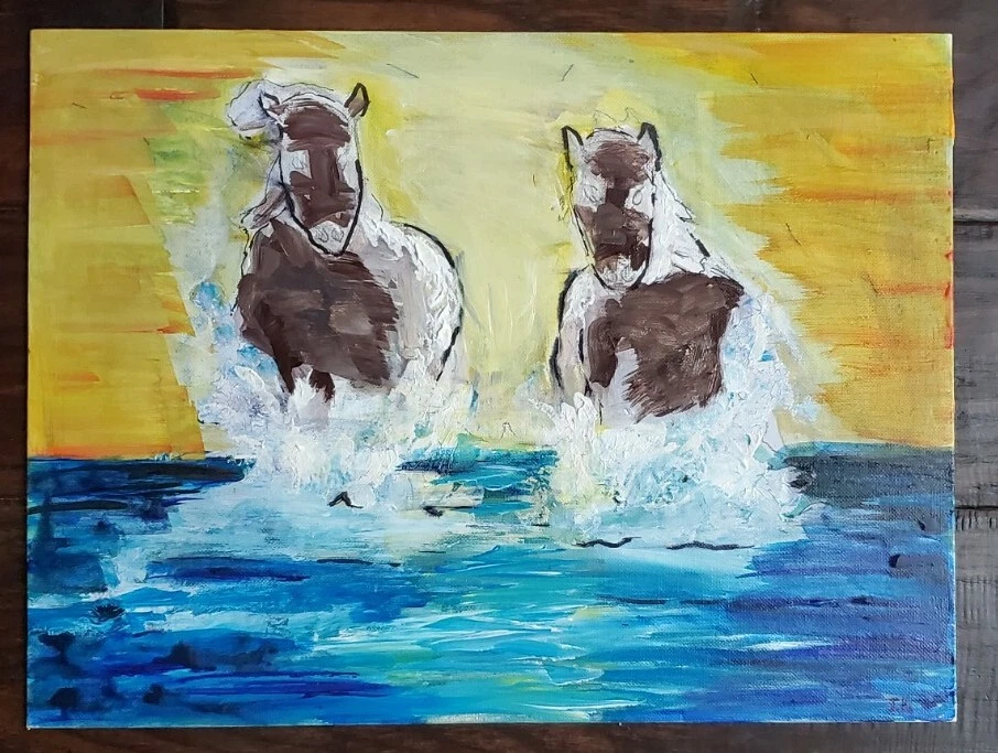 Pintura Original Acrílico Caballos Corriendo 16 x 20 Firmada J. Hinojosa Foto 1 de 1