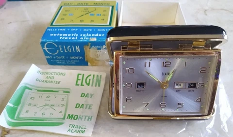 MINT ELGIN DAY+DATE+MONTH AUTOMATIC CALENDAR TRAVEL ALARM CLOCK JAPAN *COMPLETE Cover