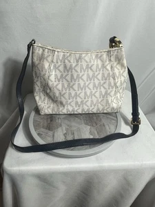 Michael Kors Monogram Hobo Shoulder Bag White/Blue MK Logo Purse 12” x 10” - Picture 1 of 11