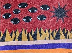 Original 9x12in Mixed Media Drawing Pyramids Eyes Outsider Expressive Wall Art - Picture 1 of 12