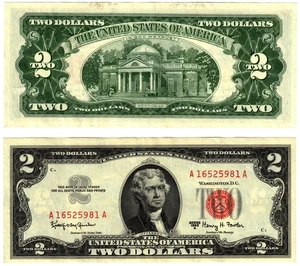 1963 A USA 2 Dollar Banknote UNITED STATES AMERICA Red Seal P382a G / Fowler - Picture 1 of 1