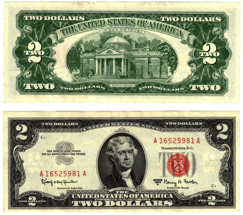 1963 A USA 2 Dollar Banknote UNITED STATES AMERICA Red Seal P382a G / Fowler - Image 1 of 1