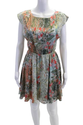 Alice + Olivia Womens Back Zip Scoop Neck Floral Silk Dress Green Multi Size XS - Image 1 of 4