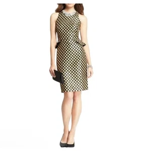 ANN TAYLOR Schößchen Punkte Jacquard Kleid Rüschenbesatz Knielang Größe 6 Schwarz Gold  - Bild 1 von 24