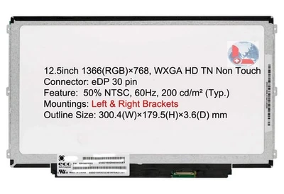 12.5" HD EDP Screen for HP EliteBook 820 G2 G3 HB125WX1-201 V3.0 side bracket - Image 1 of 4