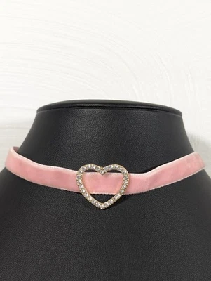 Pink Velvet Choker Necklace Crystal Heart Slide Pendant Retro 16 inch - Image 1 of 4