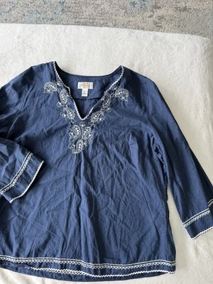 Top túnica campesina Talbots XL azul con bordado blanco cuello en V mezcla de lino E80 Foto 1 de 4