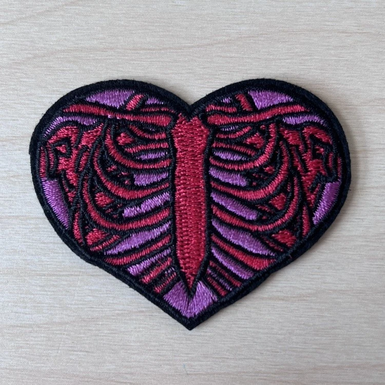 Red & Purple Skeleton Heart Patch Iron-On Halloween Embroidered Applique 2.5"x2" - Image 1 of 1