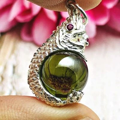 Pure Silver Naga Eye Leklai Ball Dragon Green Healing Crystal Thai Amulet #15224 - Image 1 of 4