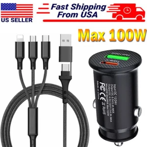 100W Fast Cell Phone Car Mini Charger ,3-in-2 Multi-port Fast Charger Cord Cable - Picture 1 of 30