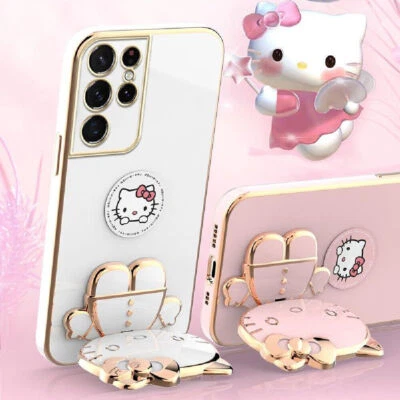 For Samsung S25 S24 S23 S22 S21 S20 Hello Kitty Cat Fold Stand Mirror Case Cover