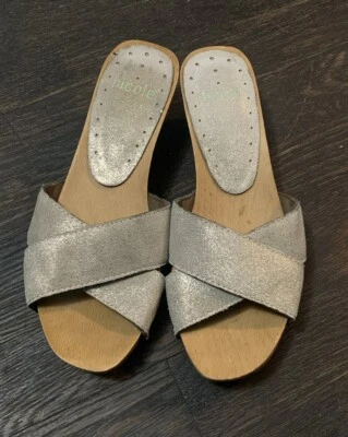 Nicole Tan Gold Leather 5.5 Clog Sandals Slide Women Wood Platform Bedlam Brazil - Image 1 of 4