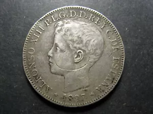 Philippines 1897 1 One Peso Coin - Alfonso XIII - 90% Silver - Fine - Picture 1 of 7