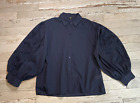 Massimo Dutti Buton Up Shirt Embroidered Puff Sleeve Navy Blue Cotton Woman MED