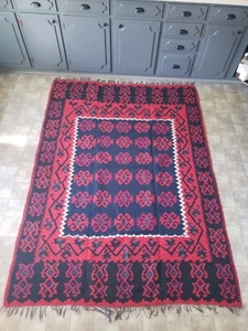 Red Blue Hand Woven Balkan Macedonia Floor Rug 6.10 x5' Area Wool Tapestry Kilim - Picture 1 of 22