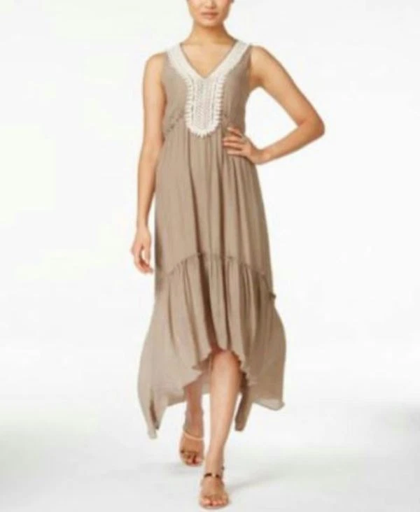 NY Collection V Neck Sleeveless Crochet Maxi Dress Popular Taupe S