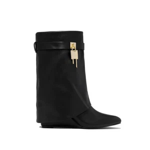 Womens Boots Mid Calf Hide Wedge Heels Pointy Toe Leather Punk Shoes - Picture 1 of 12