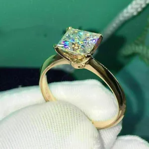 925 Silver Princess Cut Moissanite Solitaire Wedding Ring 14k Yellow Gold Plated - Picture 1 of 4