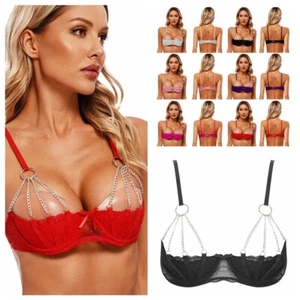 UK Women Floral Lace Chained Half Cup Bra Push Up Bra Underwire Bralette Bustier - Picture 1 of 63