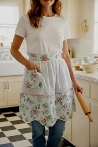 Medio Delantal Vintage Años 50 Verde Menta Floral Organza Bolsillo Corbata Cintura - Imagen 1 de 1