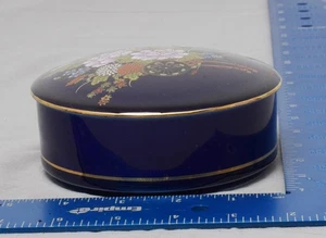 Vintage Cobalt Blue Porcelain Trinket Box – Hand‑Painted Gold Gilt Floral, Japan - Picture 1 of 5