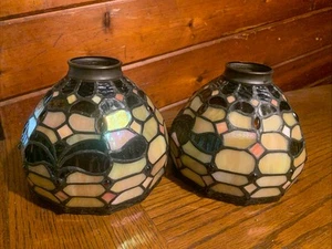 Tiffany Style Small 6" X 6” Jeweled Iridescent Slag Glass Lamp Shade-Lot Of 2 - Picture 1 of 7