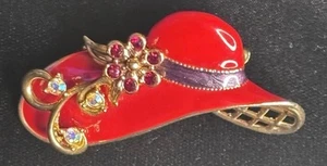 Red Hat Brooch Gold Tone Enamel Crystals Wide Brim - Picture 1 of 3